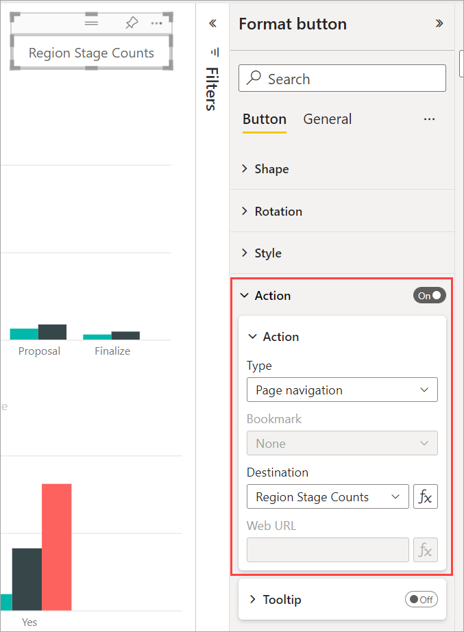 Screenshot of the Page navigation action settings.