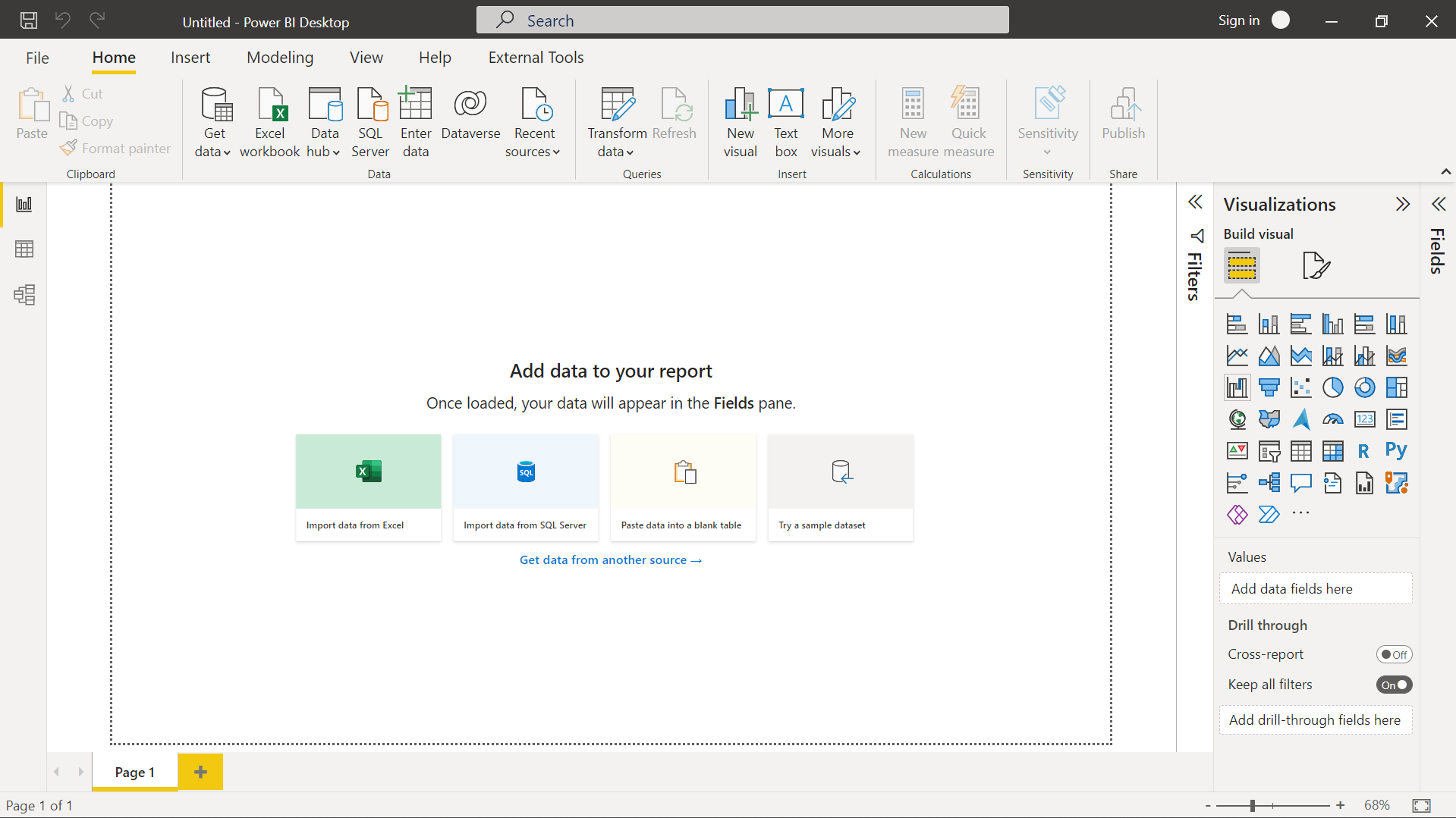 Screenshot of Power BI Desktop in Report view with a blank canvas.