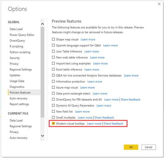 Screenshot of the Options dialog with Modern visual tooltips checkbox highlighted.