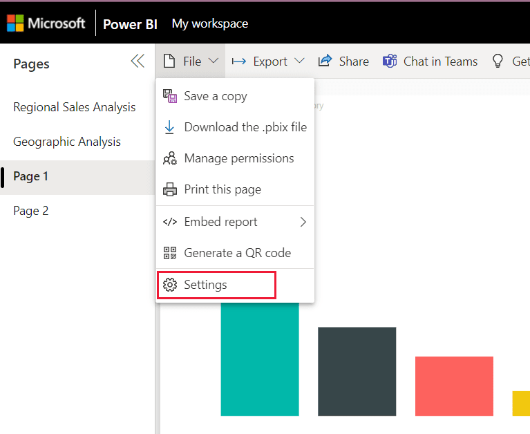 Screenshot of the File dropdown menu with Settings highlighted.