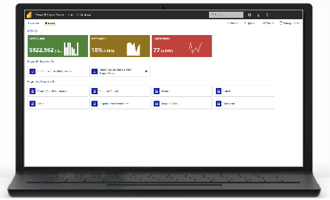 Photograph shows a laptop that displays the Power BI Report Server web portal.