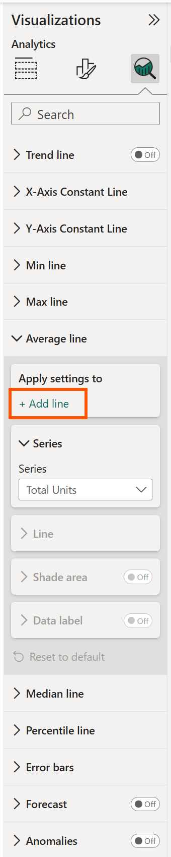 Screenshot of the analytics line options.
