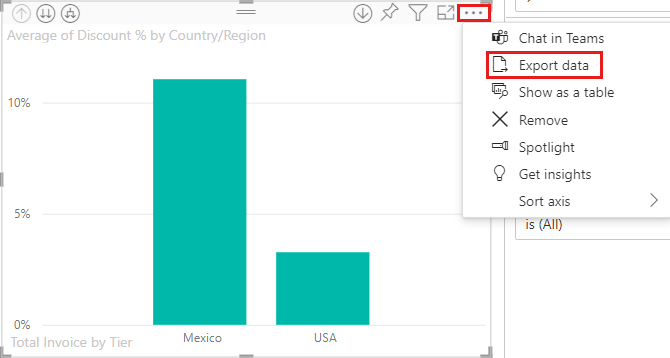 Screenshot of visual dropdown showing option for selecting Export data.