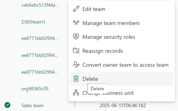 Screenshot of deleting a team.