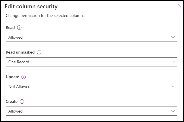 Screenshot showing the edit column security permissions.