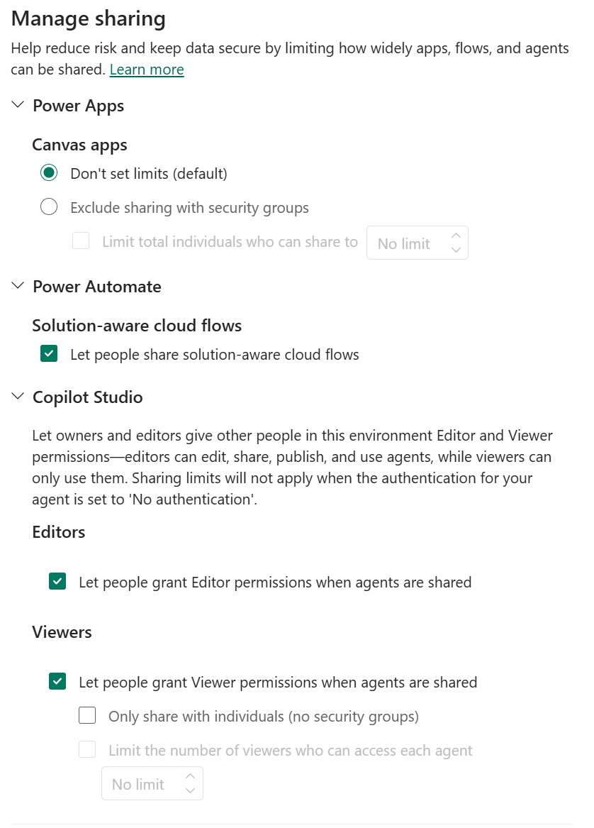 Screenshot of an Edit Environment Management settings screen, with Limit sharing highlighted.