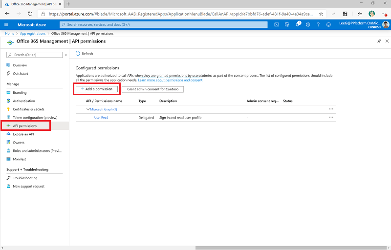 Screenshot showing the location of the Add a permission button of the API permissions menu.