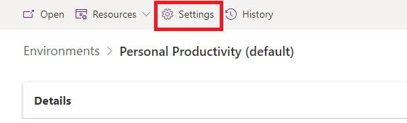 Screenshot that shows where the Settings menu is located in an environment.