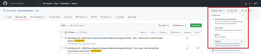 Screenshot showing how to select to watch the repository to receive notifications about new releases.