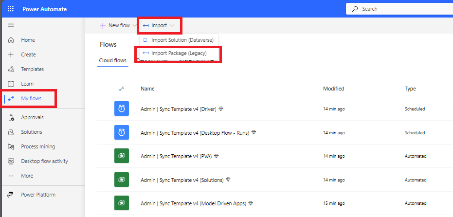 Screenshot that shows where to import a flow from the My flows navigation menu.