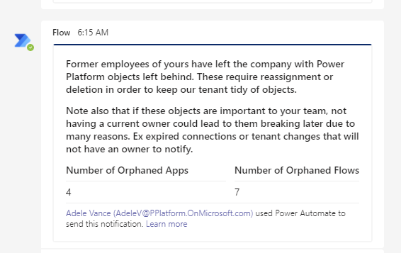 Screenshot showing sample text notifying a manager of orphaned apps and flows.