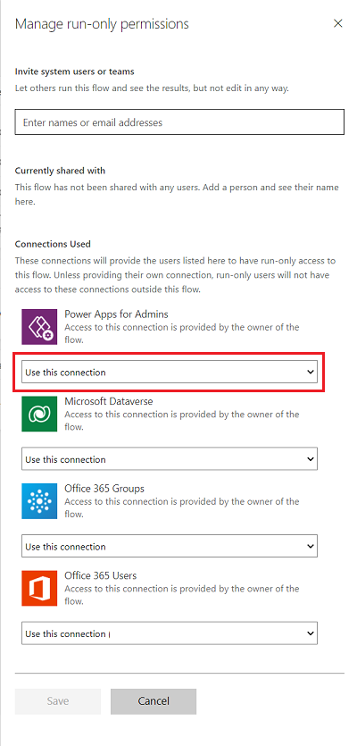 Screenshot that shows the Manage run-only permissions pane with the Use this connection option highlighted under Connections Used.