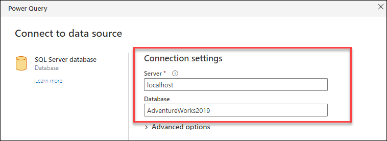 Connection settings of the SQL Server database connector where the server and database settings are entered.