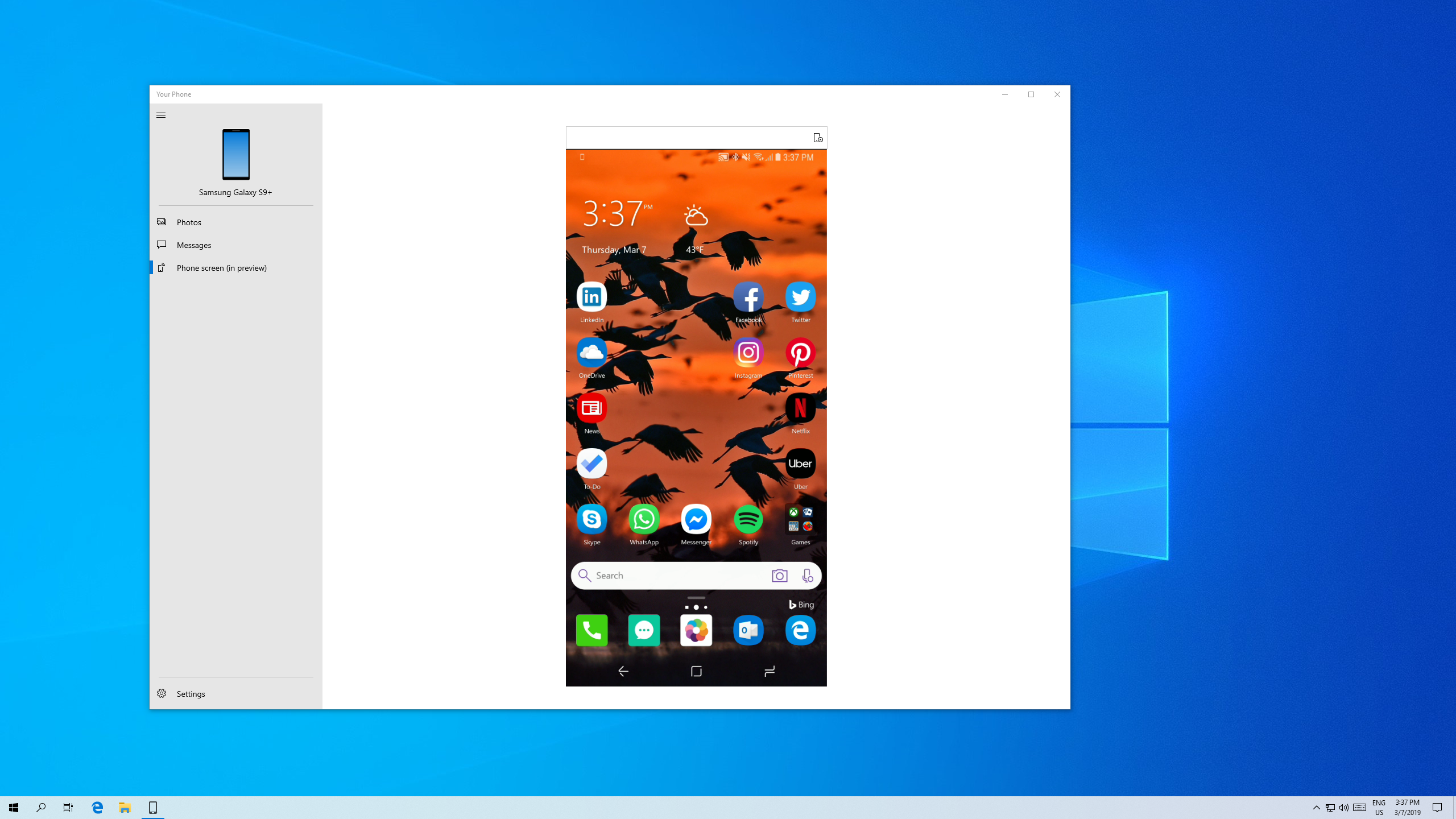 Your Phone showing your phone screen on your PC.