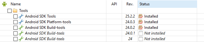 Selecting the latest Android SDK tools in the Android SDK Manager