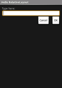 Screenshot of a relative layout with a TextView, EditText, and two buttons