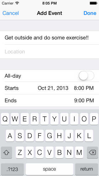The UI that is presented to the user when using the Calendar Application