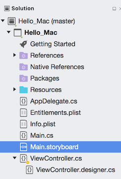 The Main.storyboard file in the Solution Explorer