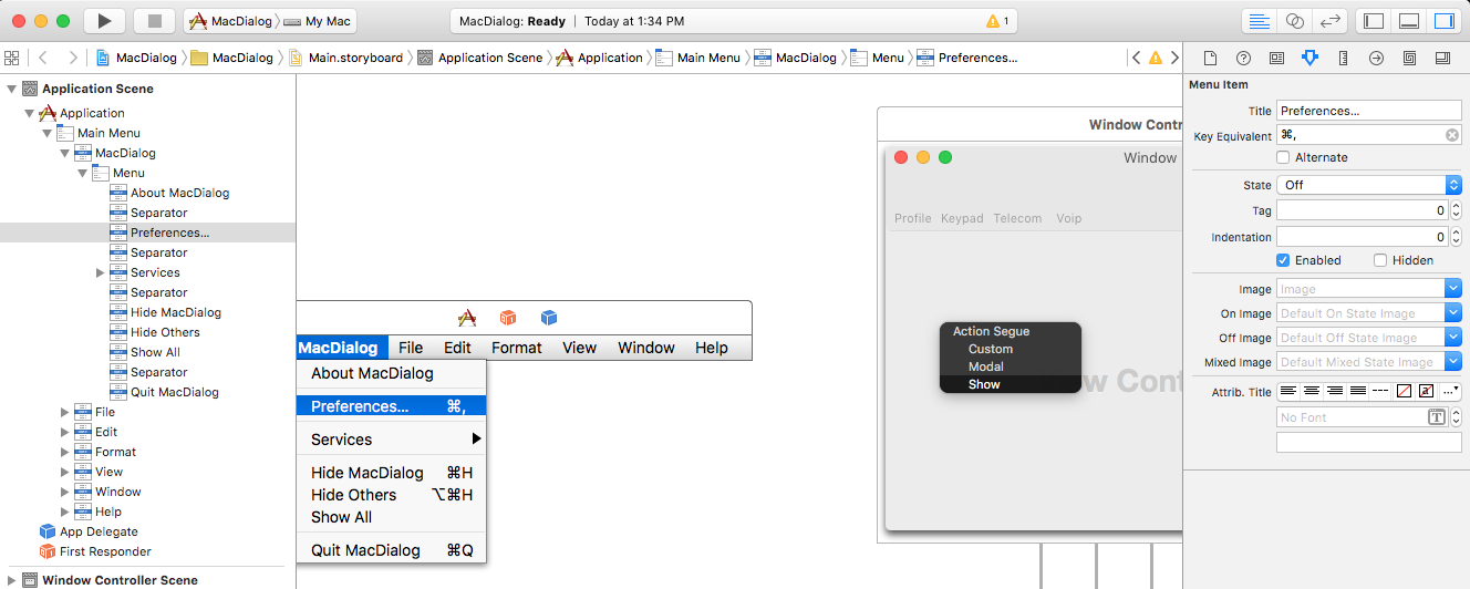Setting the segue type by dragging Preferences to the Preferences Window.