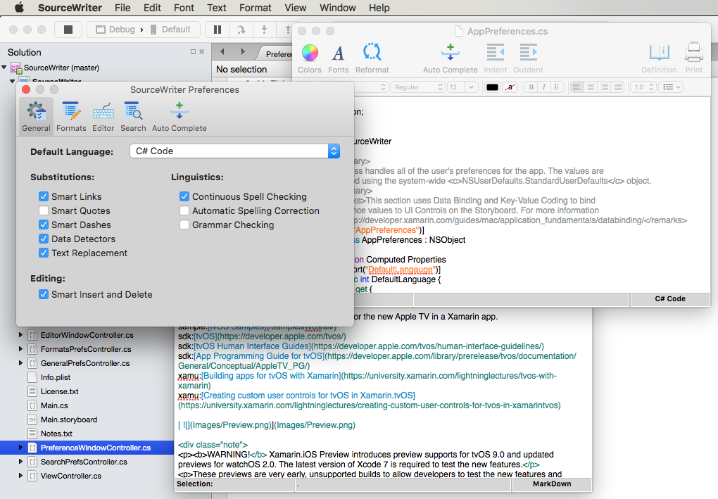 An example Preferences Window, displayed with several other open windows.