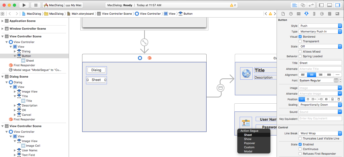 Selecting the Sheet segue type