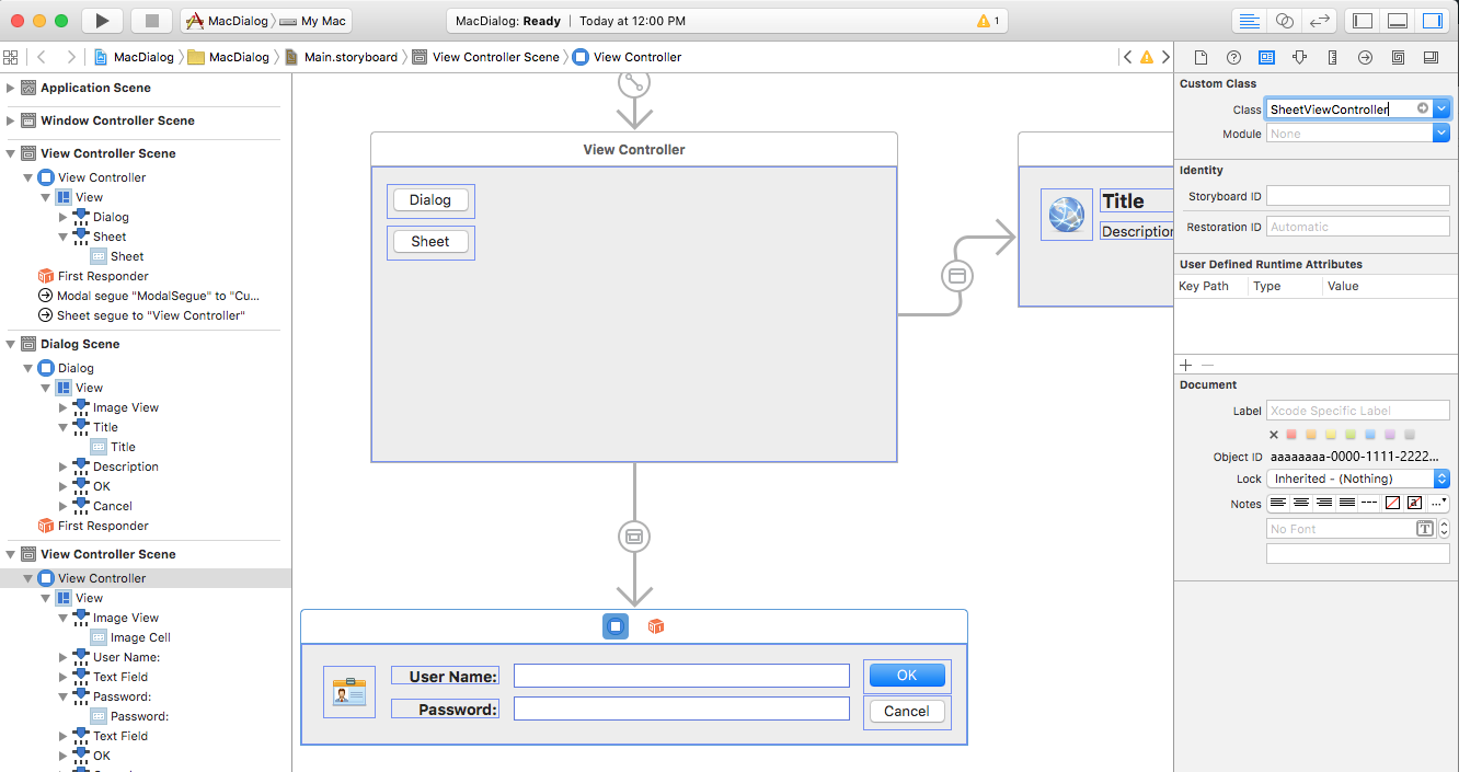 Setting the class name to SheetViewController.