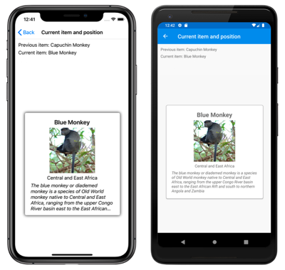 CarouselView with current and previous items Screenshot of a CarouselView with previous and current items, on iOS and Android