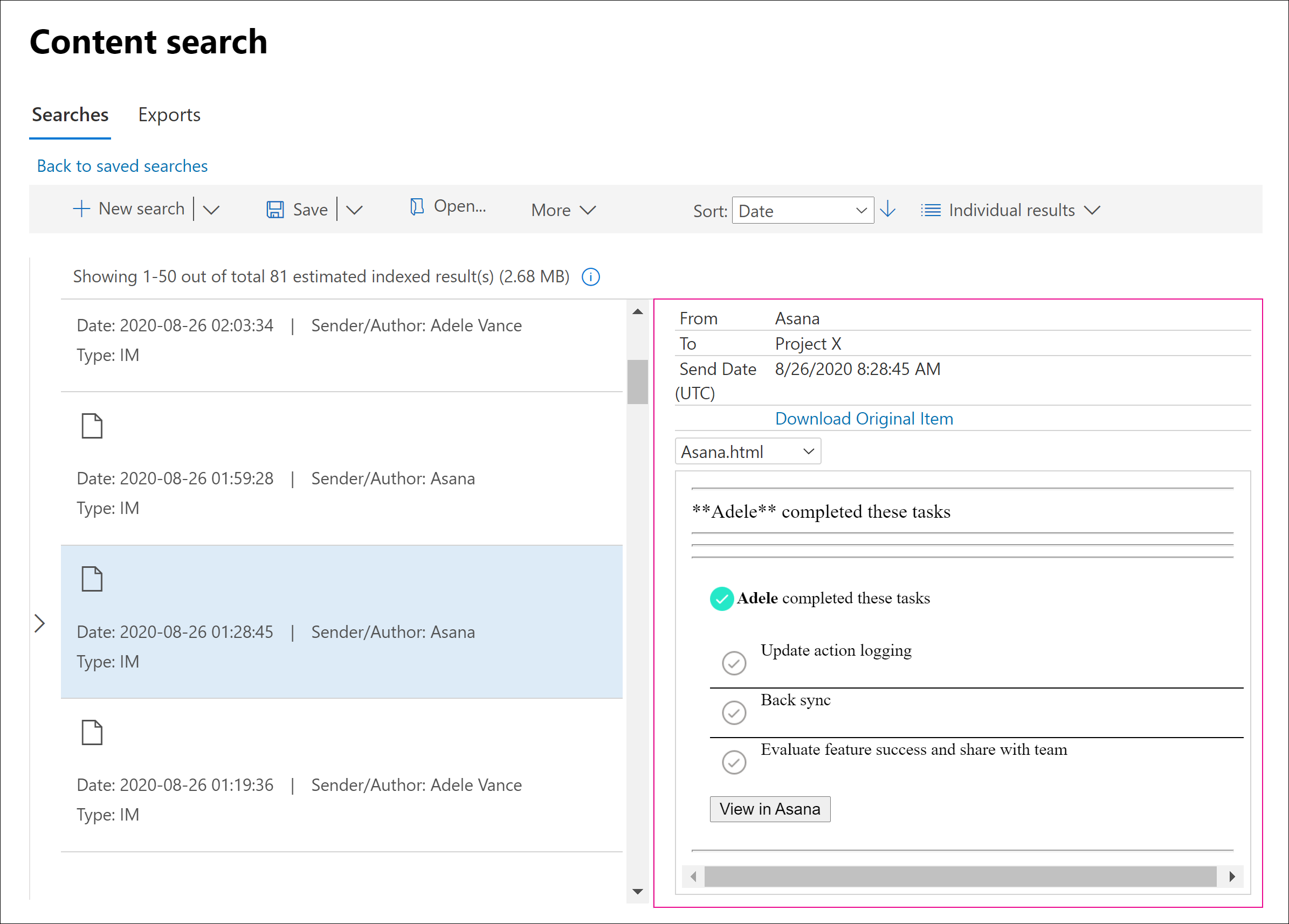 Same card content in the results of a Content search.