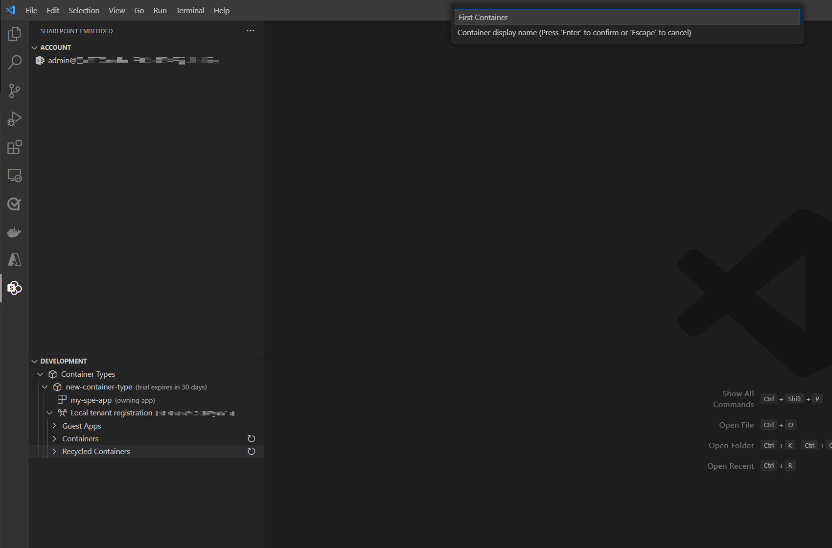 Screenshot of the Visual Studio Code input box prompting for a container name.