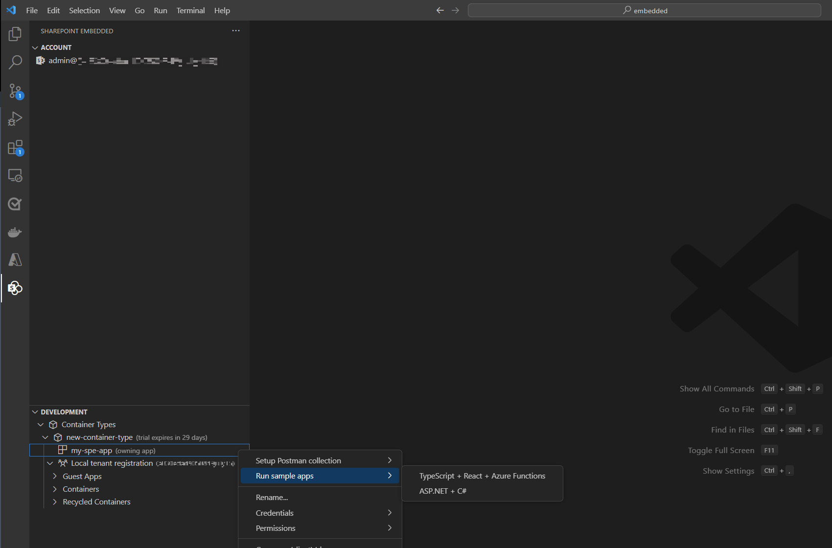 Screenshot of the SharePoint Embedded extension home view with the Load Sample App action selected to scaffold a sample application.