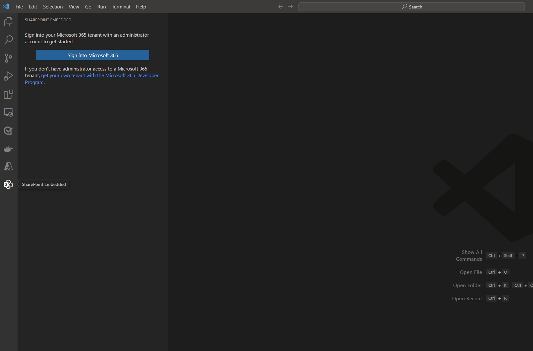 Screenshot of the SharePoint Embedded sign-in view in Visual Studio Code.