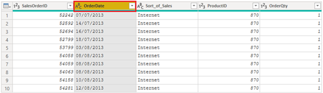 Column OrderDate data type set as text