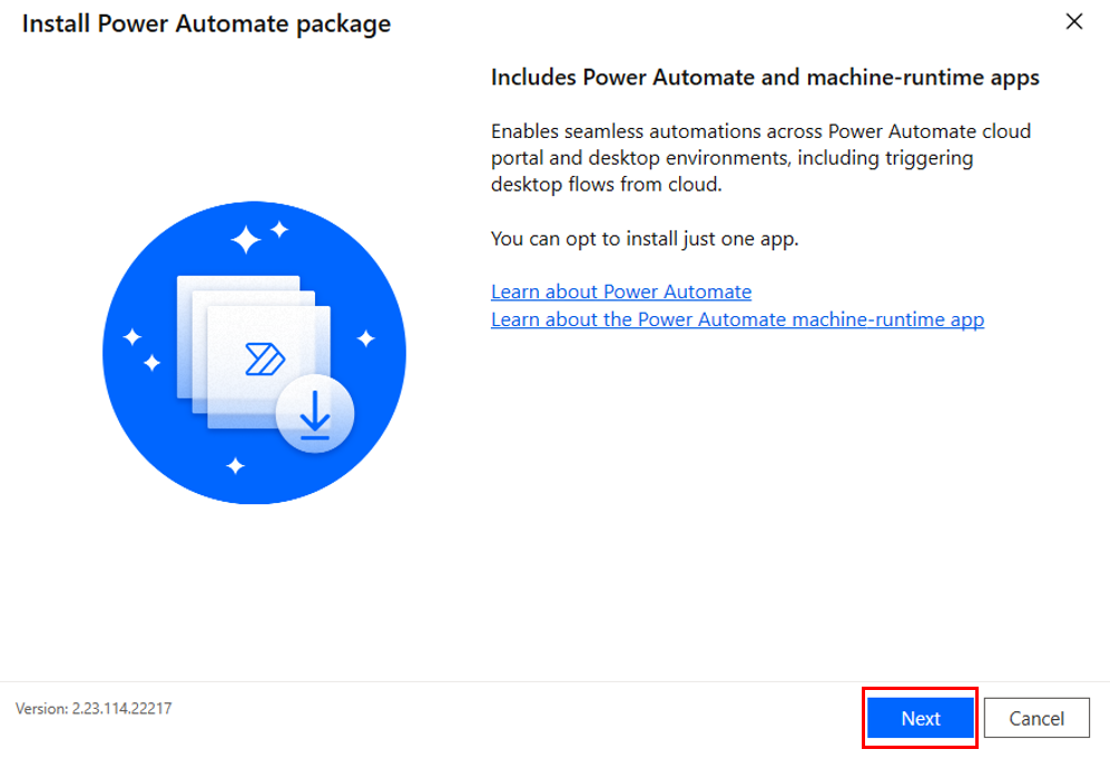 Screenshot of the Power Automate for desktop setup window.