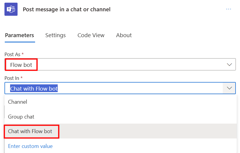 Screenshot with Flow bot selected from the Post as menu and Chat with a Flow bot selected from the Post in menu.