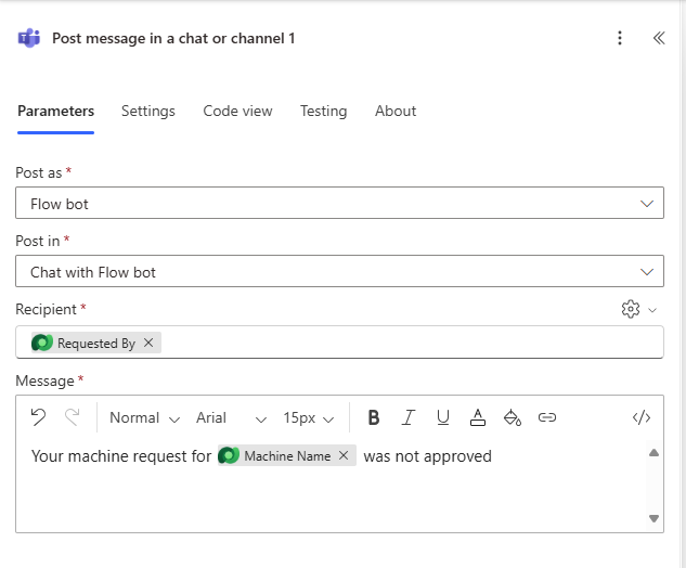 Screenshot with a box around the text Your machine request for Machine Name dynamic content was not approved.