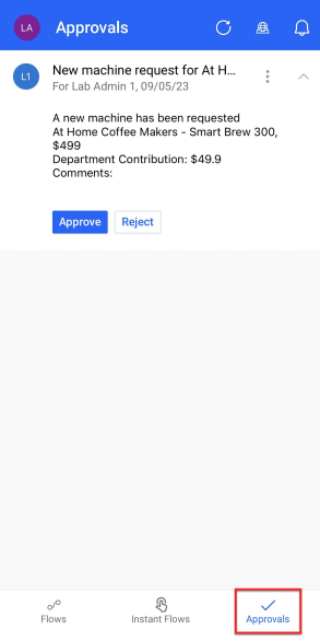 Screenshot with a box around the Approvals tab in the upper right of the screen.