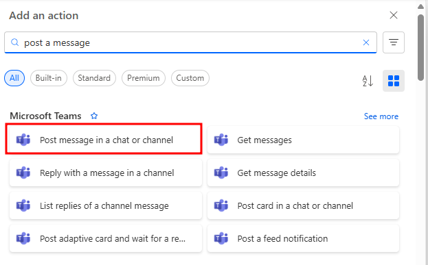 Screenshot with a box around the Post message in a chat or channel (Microsoft Teams) option in the choose an action menu.