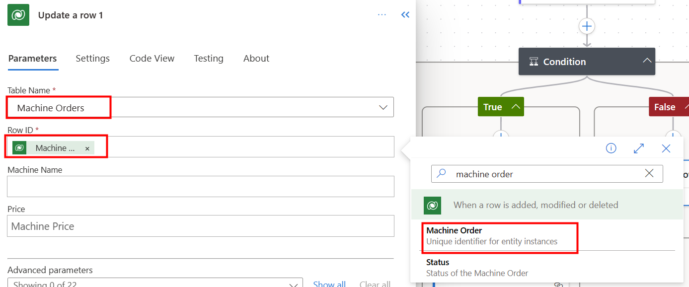 Screenshot of the Machine Order dynamic content added to the Row ID field.
