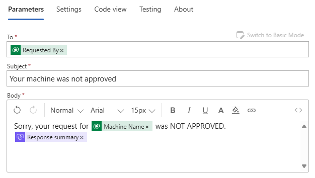 Screenshot of the Send an email action with fields filled in with information.