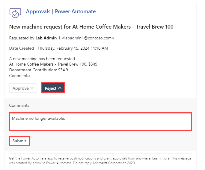 Screenshot with an arrow pointing to the Submit button under the Comments field reading Machine no longer available.