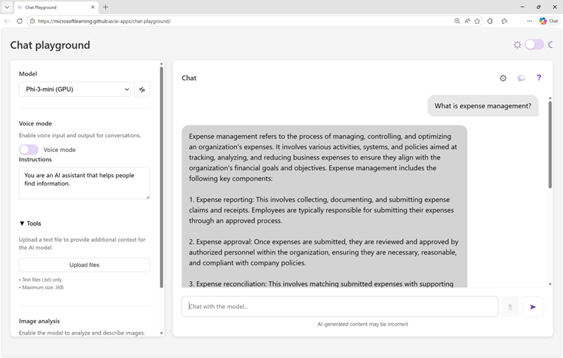 Screenshot of the chat playground app used in the lab.