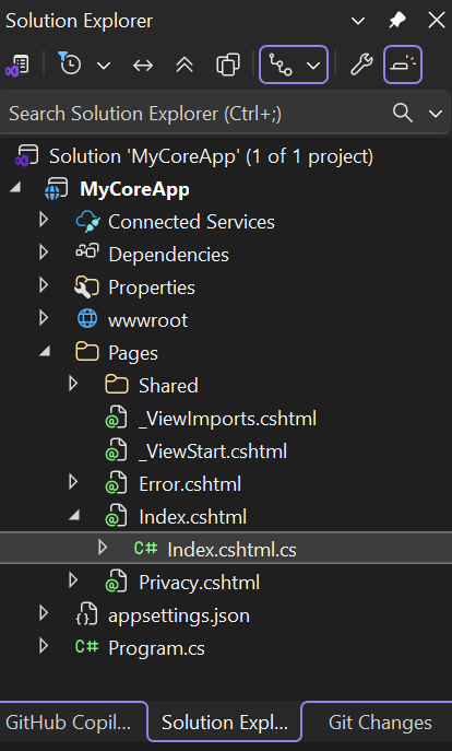 Screenshot shows Index.cshtml file selected in the Solution Explorer in Visual Studio.