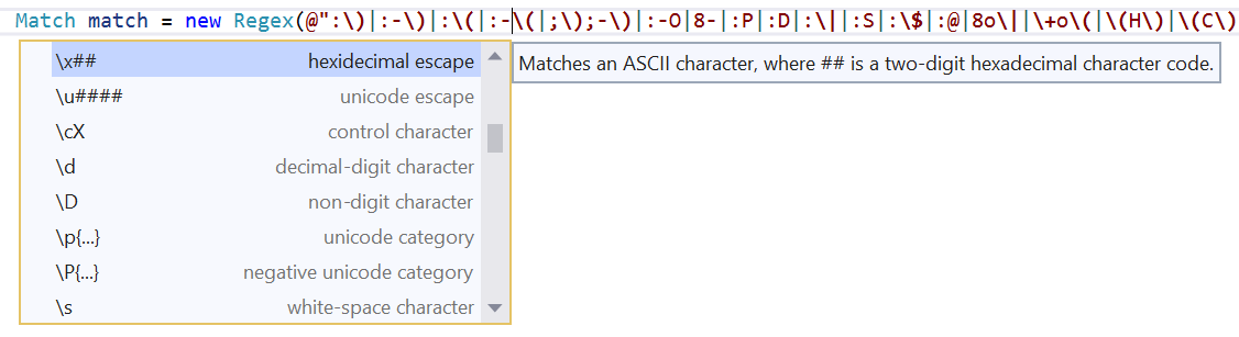 Regex completion through IntelliSense menu - Visual Studio (Windows) |  Microsoft Learn