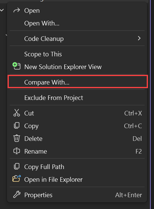 Screenshot that shows the Compare With command.