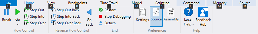 Screenshot of the WinDbg Home menu displaying quick key letters for ribbon options.