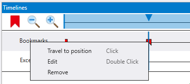 Screenshot of the Bookmarks right-click pop-up menu displaying options to travel to position, edit, and remove.
