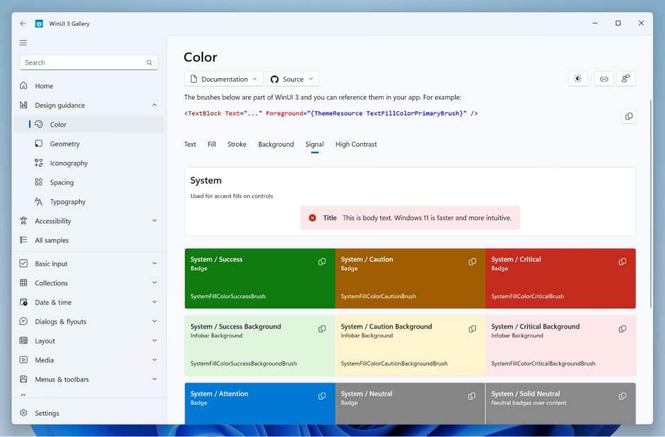 A screenshot of the Design Guidance section of the WinUI Gallery