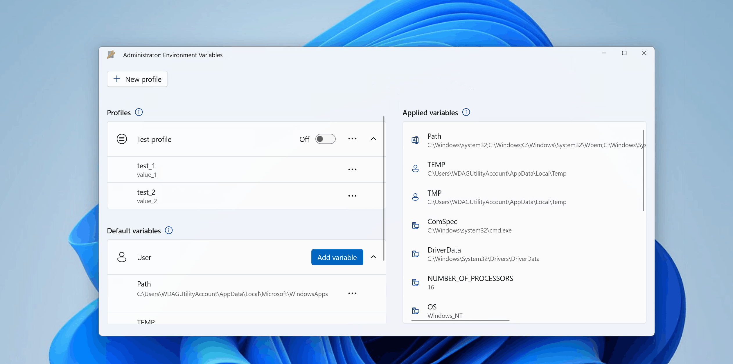 Screenshot of applying an environment variables profile in PowerToys showing toggle activation.