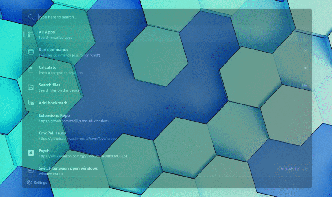 An animated GIF of PowerToys Command Palette interface showing web search and git information features in action.