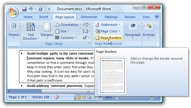 screen shot of indirect path to borders command